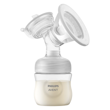 Load image into Gallery viewer, Philips Avent electric breast pump kit attached to a clear collection bottle filled with milk against a black background
