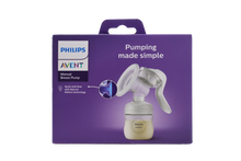 Load image into Gallery viewer, Packaging for the Philips Avent manual breast pump, promoting &quot;Pumping made simple&quot; with natural motion technology for quick milk flow.
