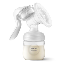 Load image into Gallery viewer, Philips Avent manual breast pump attached to a clear collection bottle filled with milk against a plain black background.
