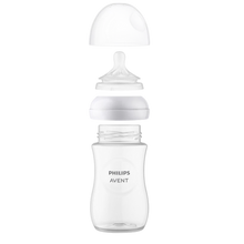 Load image into Gallery viewer, An exploded view of a Philips Avent Natural baby bottle on a white background, showing the clear cap, silicone nipple, white screw ring, and ergonomic bottle base separated vertically.
