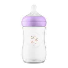 Load image into Gallery viewer, A Philips Avent Natural baby bottle on a white background, featuring a light purple screw ring and a small decorative pink and blue leaf motif in the center of the bottle.
