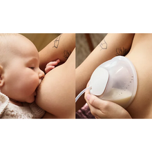 Load image into Gallery viewer, Side-by-side comparison showing a baby latching onto a breast alongside the Philips Avent hands-free breast pump in action.
