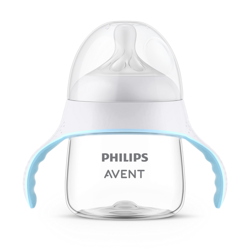 Close-up of Philips Avent Natural Response Trainer Cup with soft grip handles and natural response teat.