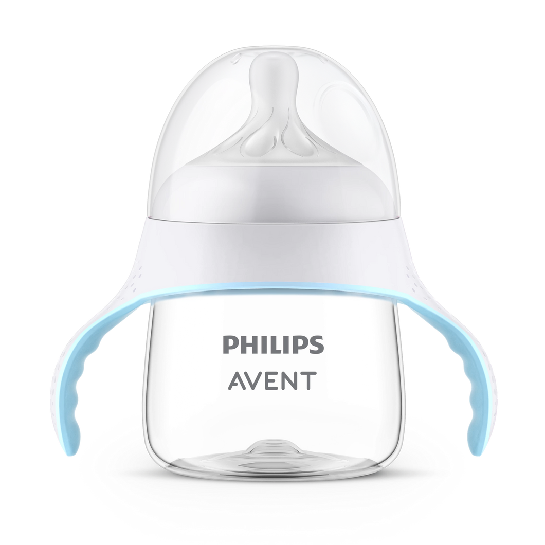 Close-up of Philips Avent Natural Response Trainer Cup with soft grip handles and natural response teat.