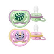 A 2-pack of Philips Avent Ultra Air soothers (SCF087/13) for girls 6–18m featuring leaf and tiger designs with a breathable shield for sensitive skin.