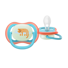 Load image into Gallery viewer, A close-up of a blue and orange Philips Avent Ultra Air Nighttime soother (SCF376/32) for 18m+ with a glow-in-the-dark tiger design and extra-firm teat.
