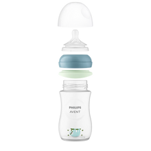 Load image into Gallery viewer, An exploded view of a Philips Avent baby bottle featuring a sloth illustration. The components are shown separated vertically: a clear dome cap, silicone nipple, blue screw ring, green glow-in-the-dark ring, and the clear bottle base.

