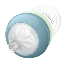 Load image into Gallery viewer, A close-up, angled view of a Philips Avent baby bottle top against a black background, showing the silicone nipple, a blue screw ring, and a light green glow-in-the-dark ring.
