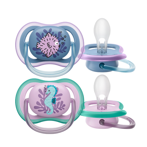 Philips Avent Ultra Air pacifiers for 6–18 months with sea animal designs and extra-large airholes for breathability.