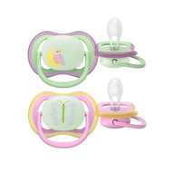 Philips Avent Ultra Air Night Soother 2-pack (6-18 months) with glow-in-the-dark handles, featuring sleeping owl and butterfly designs, and an orthodontic, breathable design for sensitive baby skin.