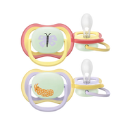 A 2-pack of Philips Avent Ultra Air Nighttime soothers for girls 0–6m featuring butterfly and caterpillar designs with glow-in-the-dark buttons.