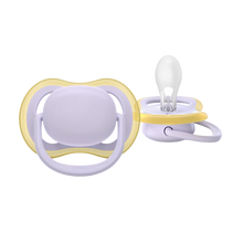 Load image into Gallery viewer, Front and side view of a light purple Philips Avent Ultra Air pacifier with a yellow trim and orthodontic silicone nipple.
