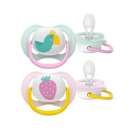 Philips Avent Ultra Air Soother 2-pack (0-6 months) with animal and fruit-themed designs (colorful bird and pink strawberry), featuring an orthodontic nipple and breathable design for sensitive baby skin.
