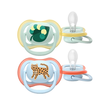 Load image into Gallery viewer, Pair of Philips Avent Ultra Air 0-6m pacifiers featuring caterpillar and tiger graphics.
