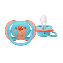 Load image into Gallery viewer, A close-up of a blue and orange Philips Avent Ultra Air soother for toddlers 18 months and older, featuring a friendly monkey character and a clear silicone nipple.
