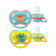 A 2-pack of Philips Avent Ultra Air soothers for 18m+, featuring a blue monkey design and a yellow frog design with large air holes for skin comfort.