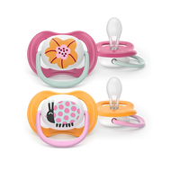 Philips Avent Ultra Air Soothers (6-18m) 2-pack for girls, featuring breathable flower and ladybug designs with orthodontic silicone nipples.