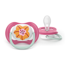 Load image into Gallery viewer, Philips Avent Ultra Air Soother for girls (6-18 months) featuring a pink and teal flower design with an orthodontic nipple for healthy oral development.
