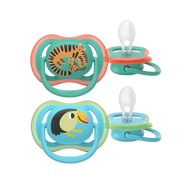 Philips Avent Ultra Air Soother 2-pack (6-18 months) with jungle/animal-themed designs (tiger and toucan), featuring an orthodontic nipple and breathable design for sensitive baby skin.