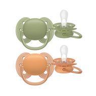 A 2-pack of Philips Avent Ultra Soft soothers for toddlers 18m+ in sage green and terracotta orange, featuring flexible shields to reduce skin irritation.