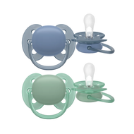 Philips Avent Ultra Soft Soother 2-pack (6-18 months) in blue and teal/green colors, featuring a soft, flexible shield and an orthodontic nipple for comfort and sensitive skin.