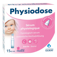 Physiodose Physiological Serum by Laboratoires Gilbert, a sterile saline solution in 15 x 5ml doses with a safety nozzle for gentle infant nasal, eye, and ear hygiene.