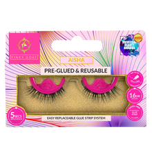 Load image into Gallery viewer, Pinky Goat AISHA pre-glued lashes in packaging with soft curl, 5-sec wear, and reusable glue.
