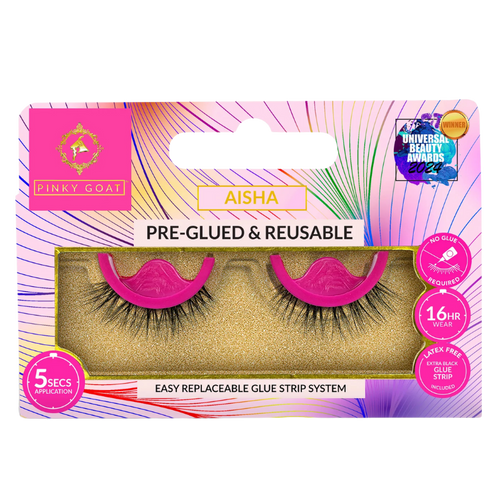 Pinky Goat AISHA pre-glued lashes in packaging with soft curl, 5-sec wear, and reusable glue.