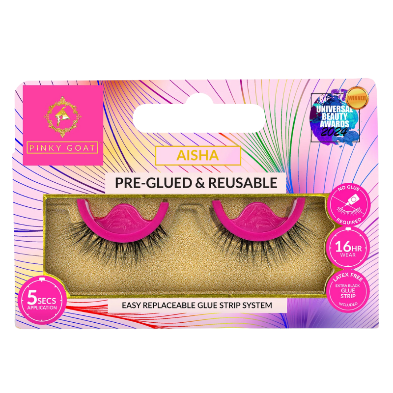 Pinky Goat AISHA pre-glued lashes in packaging with soft curl, 5-sec wear, and reusable glue.