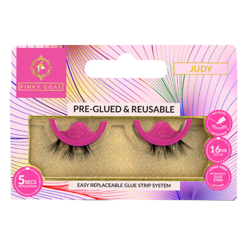 Pinky Goat JUDY pre-glued half lashes in packaging with aligner, 5-sec wear, and glue strip included.