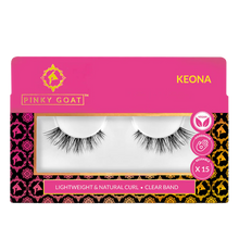 Load image into Gallery viewer, Pinky Goat KEONA lashes in packaging showing short, wispy design with a clear band.

