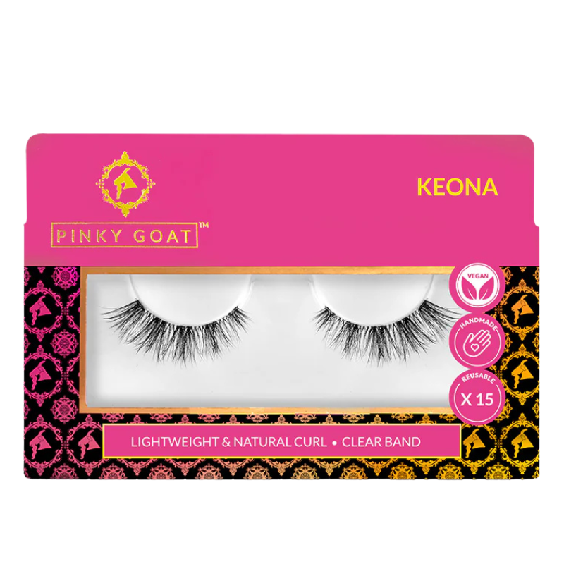 Pinky Goat KEONA lashes in packaging showing short, wispy design with a clear band.