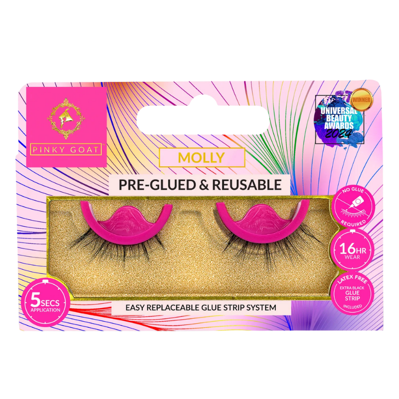Pinky Goat MOLLY pre-glued lashes in packaging with 5-sec application and reusable glue strip.