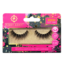 Load image into Gallery viewer, Pinky Goat REEM lashes in packaging showing soft clear band and beautiful curl and length.
