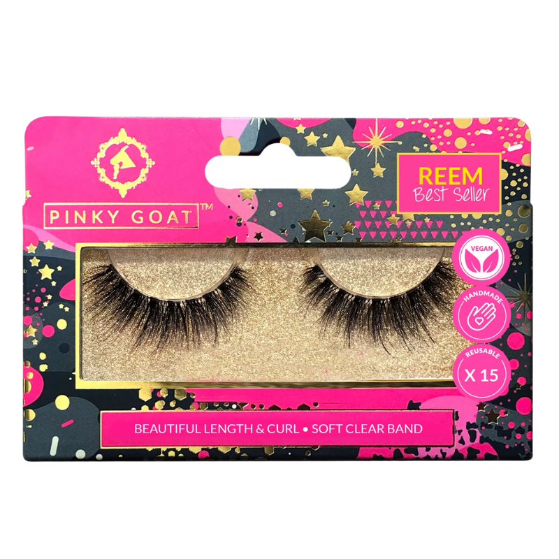 Pinky Goat REEM lashes in packaging showing soft clear band and beautiful curl and length.