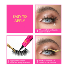 Load image into Gallery viewer, Step-by-step guide on applying Pinky Goat RIMAS lashes with GLUEME lash adhesive.
