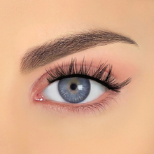 Load image into Gallery viewer, Pinky Goat VIOLET pre-glued false lashes worn on eye showing wispy volume and curl
