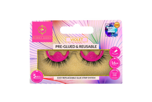 Load image into Gallery viewer, Packaging for Pinky Goat Violet false eyelashes, which are pre-glued, reusable, and feature an easy replaceable glue strip system for 5-second application.
