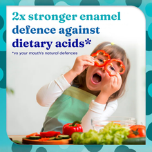 Load image into Gallery viewer, A young girl holding red pepper slices over her eyes to represent 2x stronger enamel defense against dietary acids with Sensodyne Pronamel.
