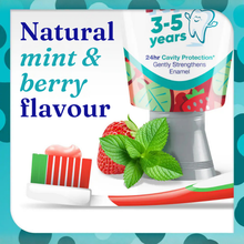 Load image into Gallery viewer, Marketing graphic for Sensodyne Pronamel Kids highlighting the natural mint and berry flavor with a visual of fresh mint leaves and a strawberry.
