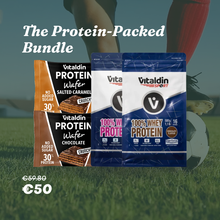 Load image into Gallery viewer, Protein-focused fitness gift box featuring Vitaldin Sport whey protein tubs and chocolate and salted caramel protein wafers, curated for active lifestyles and everyday nutrition support.
