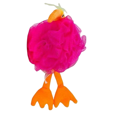 Razz Animal Bath Sponge (Assorted Series). A brightly colored, pink mesh sponge shaped like a bird with orange beak and feet for making bath time fun.