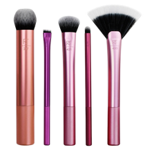 Load image into Gallery viewer, The Real Techniques Artist Essentials 5-Piece Brush Set, featuring the Fan Brush and brushes for flawless foundation, highlight, contour, and precise eye makeup application.
