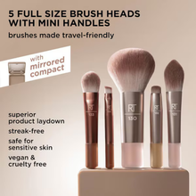 Load image into Gallery viewer, Real Techniques On-The-Glow Mini Brush Set featuring five full-size brush heads with mini handles and mirrored compact for portable makeup touch-ups.
