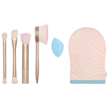 Load image into Gallery viewer, Set of makeup brushes, a blue sponge, and a pink mitt on a white background
