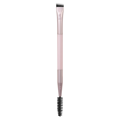 Real Techniques Dual-Ended Brow Brush, featuring a precise, angled brush for filling in brows and a spoolie on the opposite end for blending and grooming brow hairs.