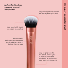 Load image into Gallery viewer, Product feature diagram for the Real Techniques 210 expert concealer brush highlighting its taklon bristles, liquid or cream compatibility, and easy-to-grip handle.
