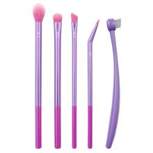 Load image into Gallery viewer, Real Techniques Eye Love Drama 5-Piece Brush Set, showcasing purple-handled brushes for every step of eye makeup, including blending, shading, lining, and brow grooming.

