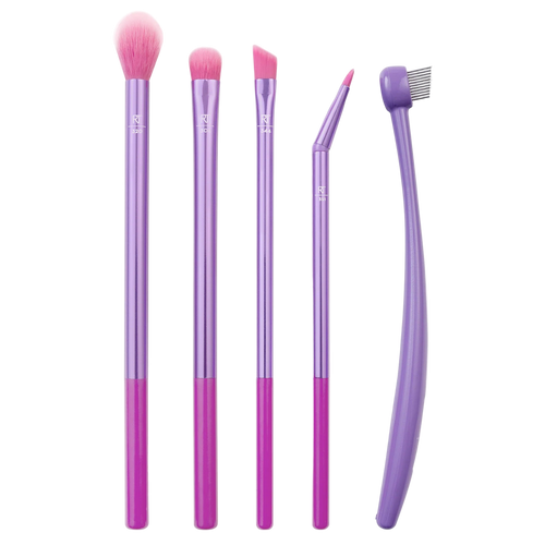 Real Techniques Eye Love Drama 5-Piece Brush Set, showcasing purple-handled brushes for every step of eye makeup, including blending, shading, lining, and brow grooming.