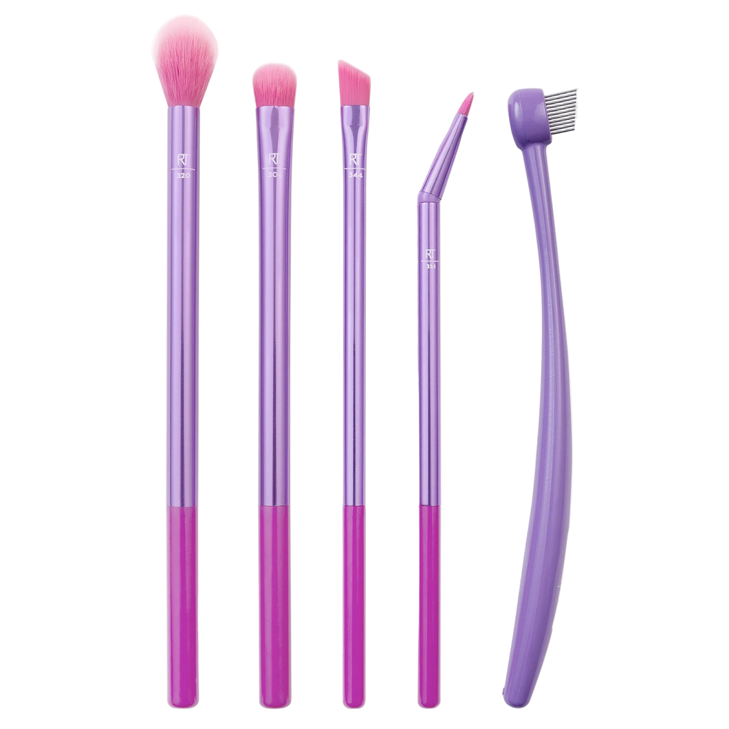 Real Techniques Eye Love Drama 5-Piece Brush Set, showcasing purple-handled brushes for every step of eye makeup, including blending, shading, lining, and brow grooming.